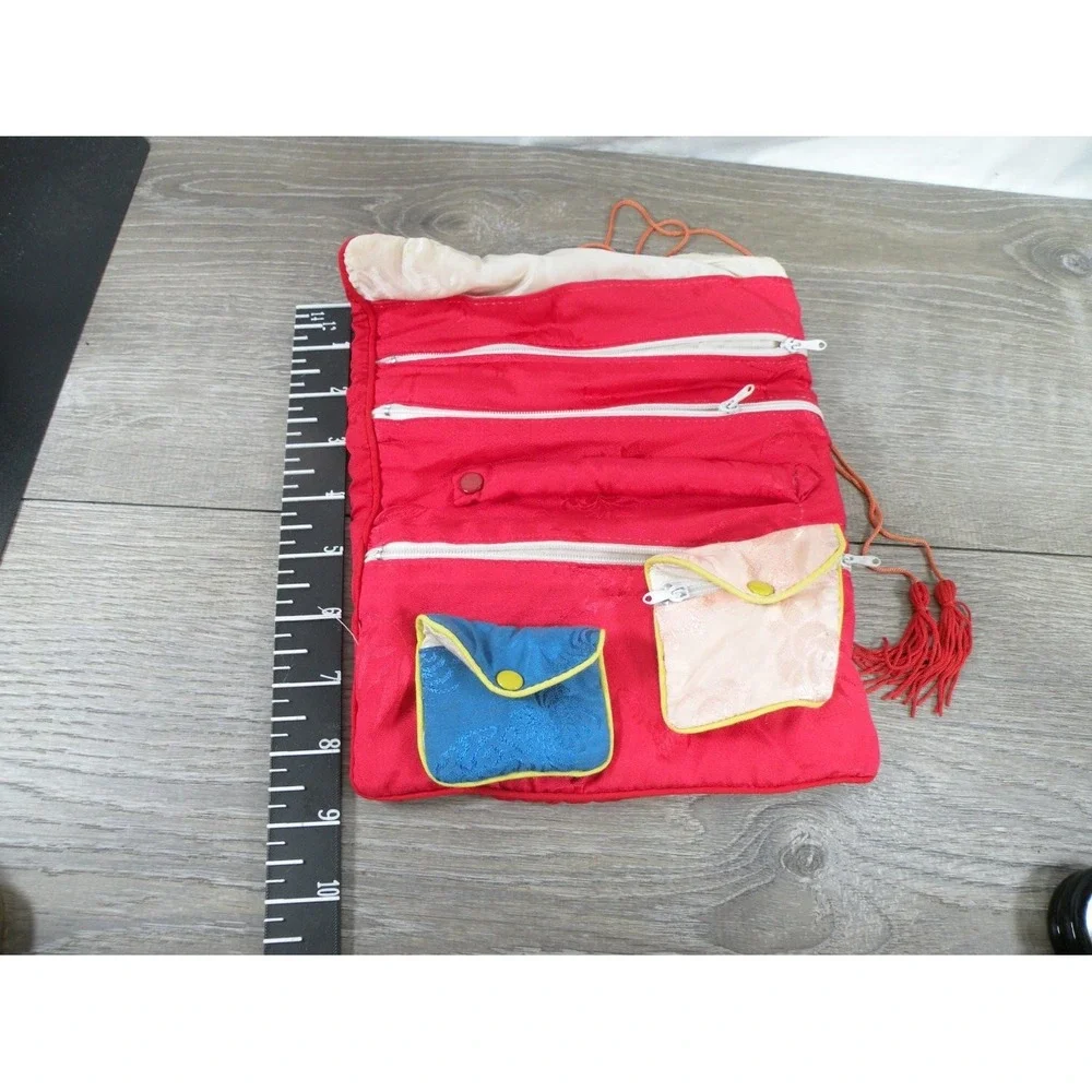Vintage Silk Brocade Jewelry Roll Travel Organizer Case Red Floral Pouch